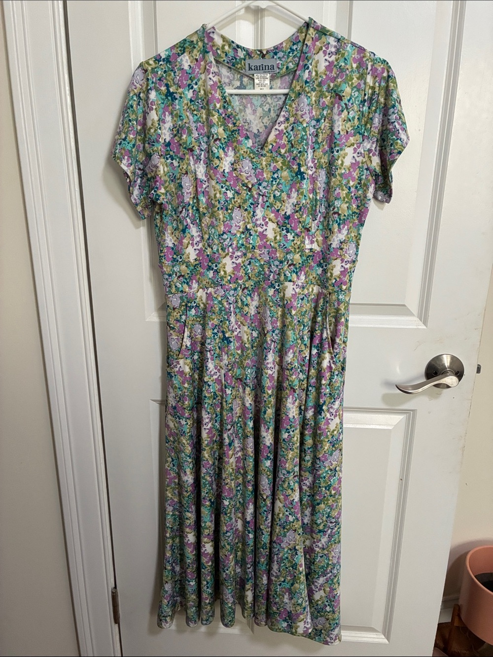 Karina Floral Cecelia Dress, V-Neck Midi, in Lavender, Green & White